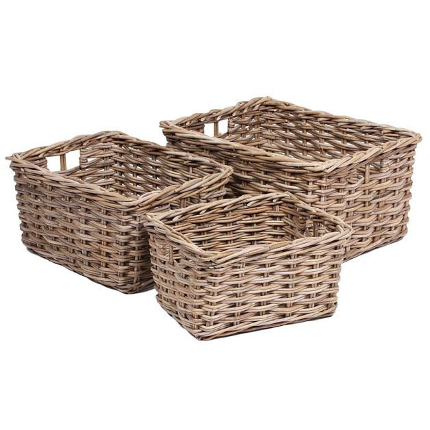 Red Hamper 3 Piece Storage Rectangular Wicker Basket Set with Integral